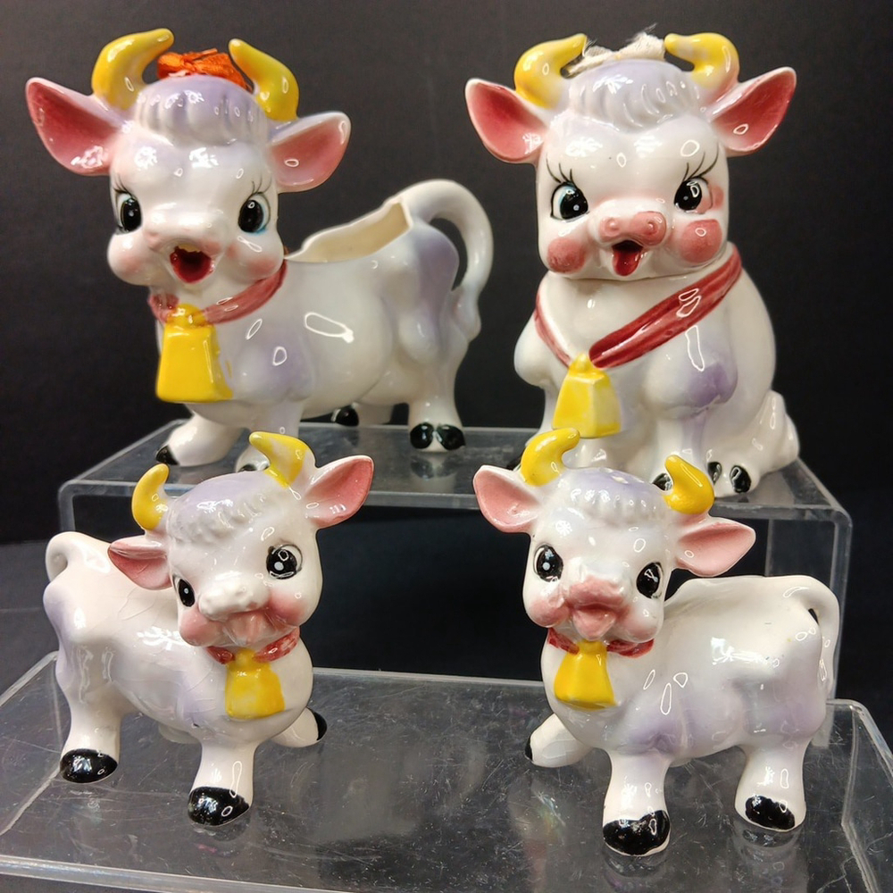 Japan Vintage Mid Century Cow Sugar, Creamer and Salt Pepper Set